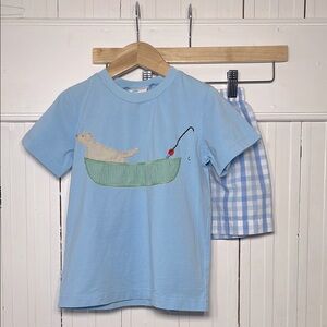 STITCHY FISH EUC Fishing Dog Canoe Appliqué Shirt Gingham Elastic Shorts Set
